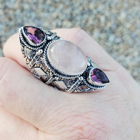 New Rose Quartz and Amethyst 925 Silver Statement Ring. - Picture 6 of 16